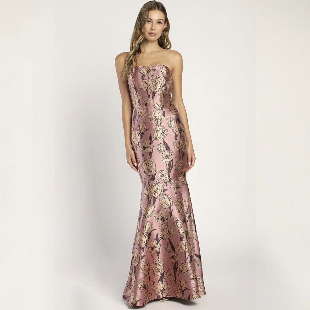 Lulus Gowning Around Mauve Floral Jacquard Strapless Maxi Dress NWT - Picture 3 of 11